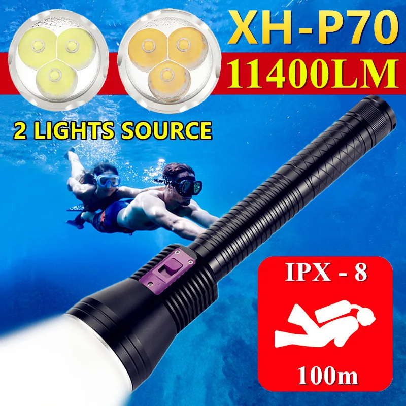 

Мощный подводный светодиодный фонарик 3 * CREE XHP70 для дайвинга на 100 м, водонепроницаемый уличный Охотничий Тактический фонарь, заполняющий св...