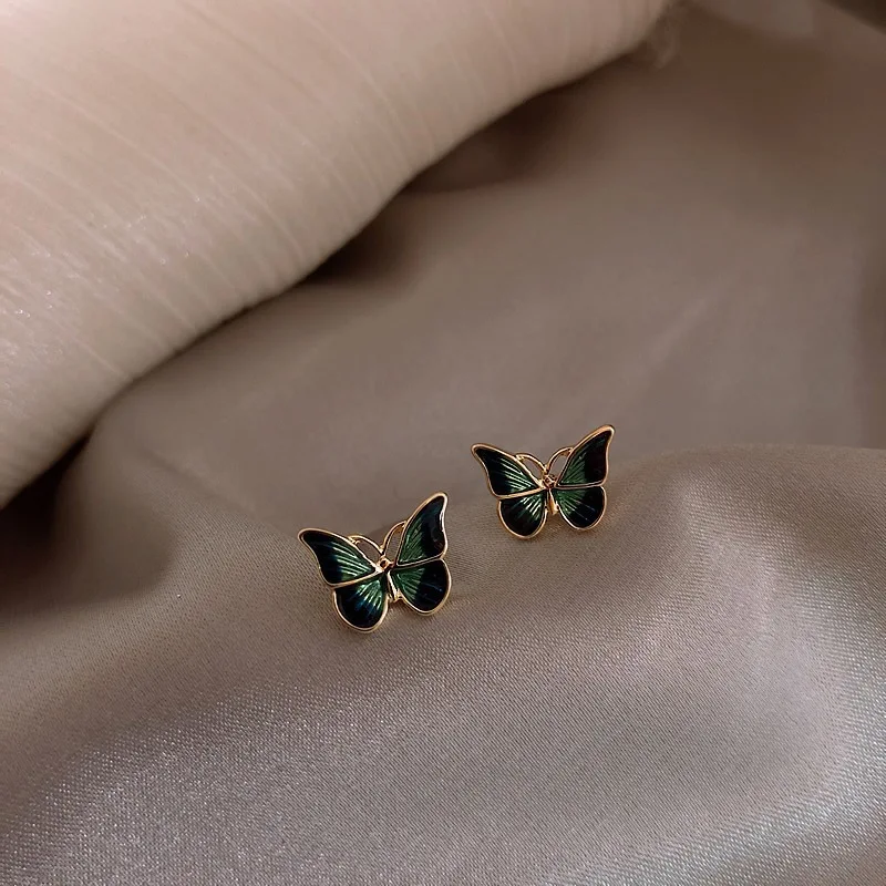 

French Oil Painting Style Butterfly Small Earrings 925 Silver Needle Earrings Temperament Simple Earrings