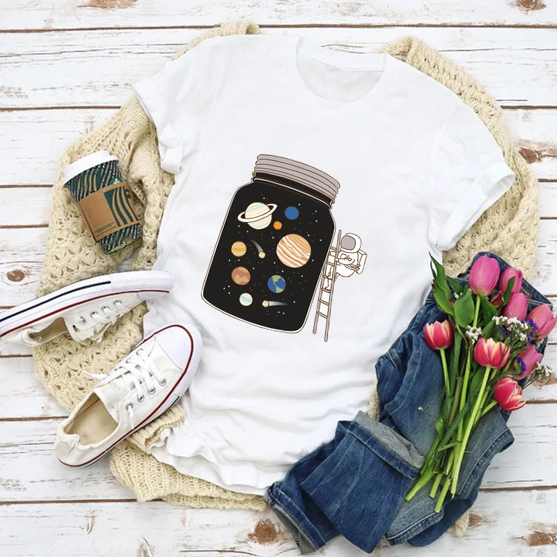 Женская футболка с рисунком из мультфильма космическая Вселенная модная летняя