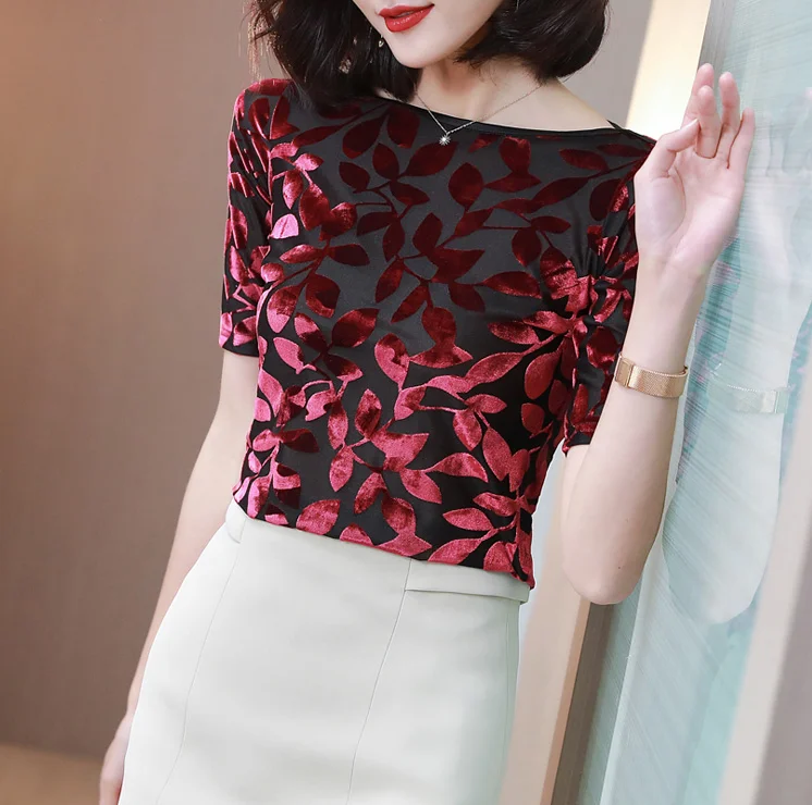 

NEW M-3XL Short sleeve Women shirt Fashion Summer Tops New style Slash neck Velvet T shirt