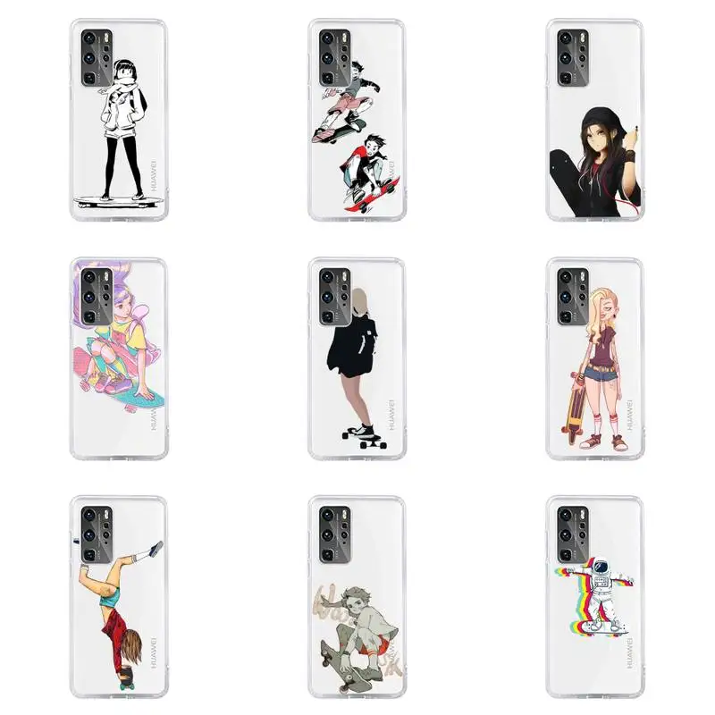 

Skateboard cartoon girl Phone Case For Huawei P40 P30 P20 Mate Honor 10i 30 20 i 10 40 8x 9x Pro Lite Transparent Cover