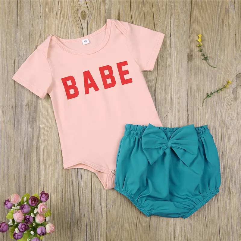 

Baby Girls Boys Summer Clothes Set 0-24M Infant Baby Short Sleeve Romper Top+High Waist Bowknot Shorts 2Pcs Summer Cotton Outfit
