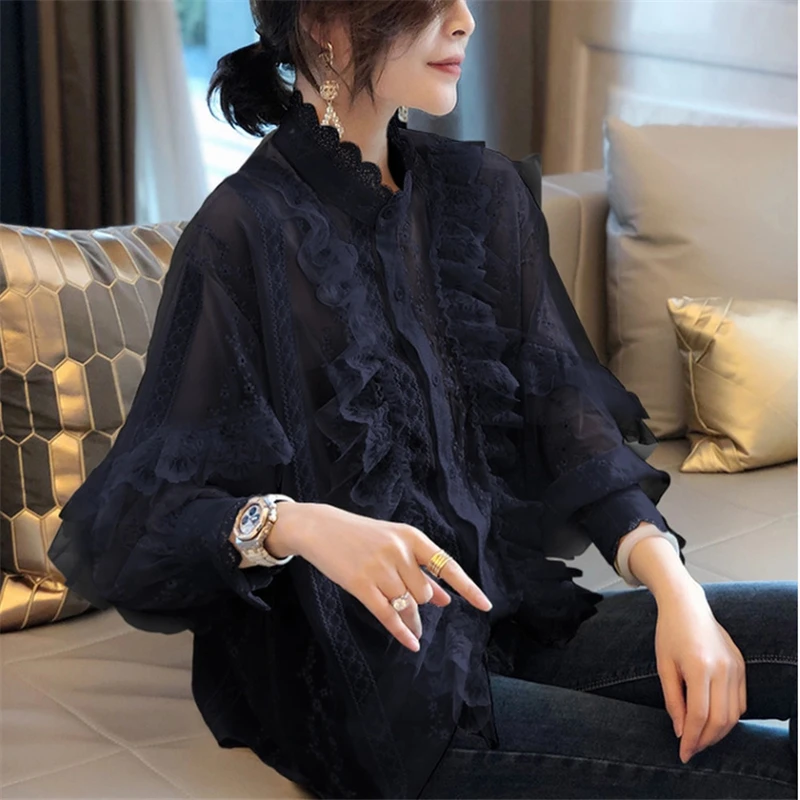 

2021 Spring Fashion New High-Quality Lotus Leaf Collar Long-Sleeved Loose Lace Shirt Temperament Women's Top Trend H397