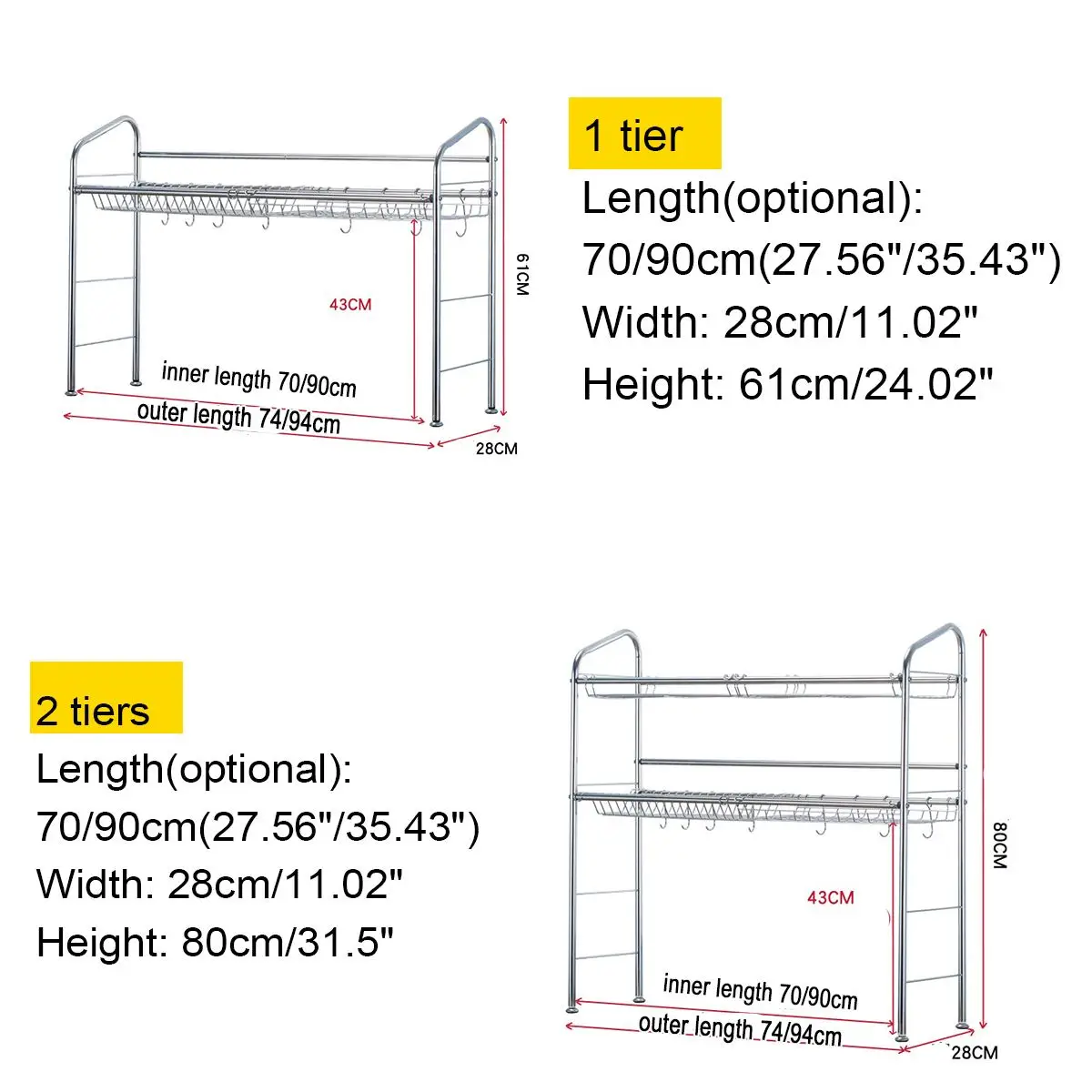 

70/90cm Stainless Steel Kitchen Shelf Organizer Over The Sink Dish Drying Rack Holder Draining Shelf Storage Organizer