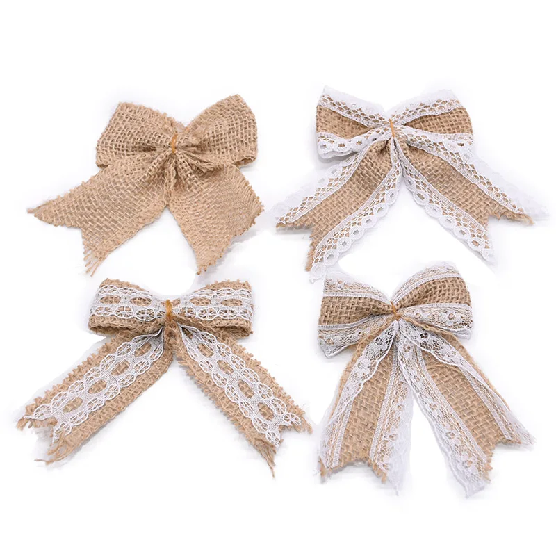 5/10Pcs Natural Jute Burlap Hessian Bowknot Bows with Lace Bow Tie Birthday Christmas Gift Box Decoration Wedding Gift Wrapping