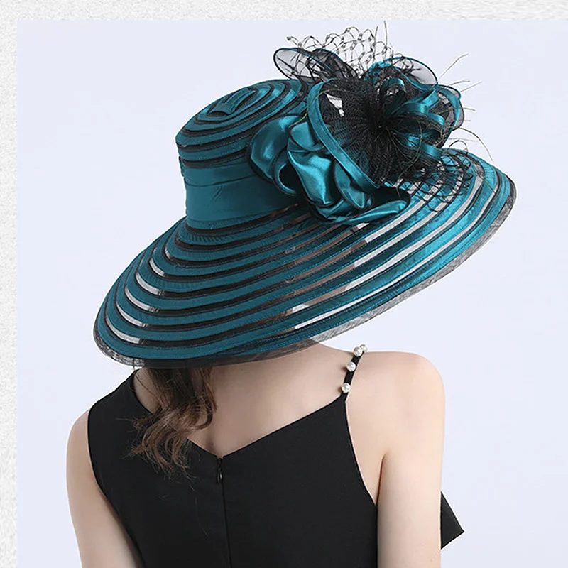 

Elegant Women Feather Flower Striped Hat 16cm Wide Brim Church Dress Sun Hat Lady Summer Beach Party Wedding Hat