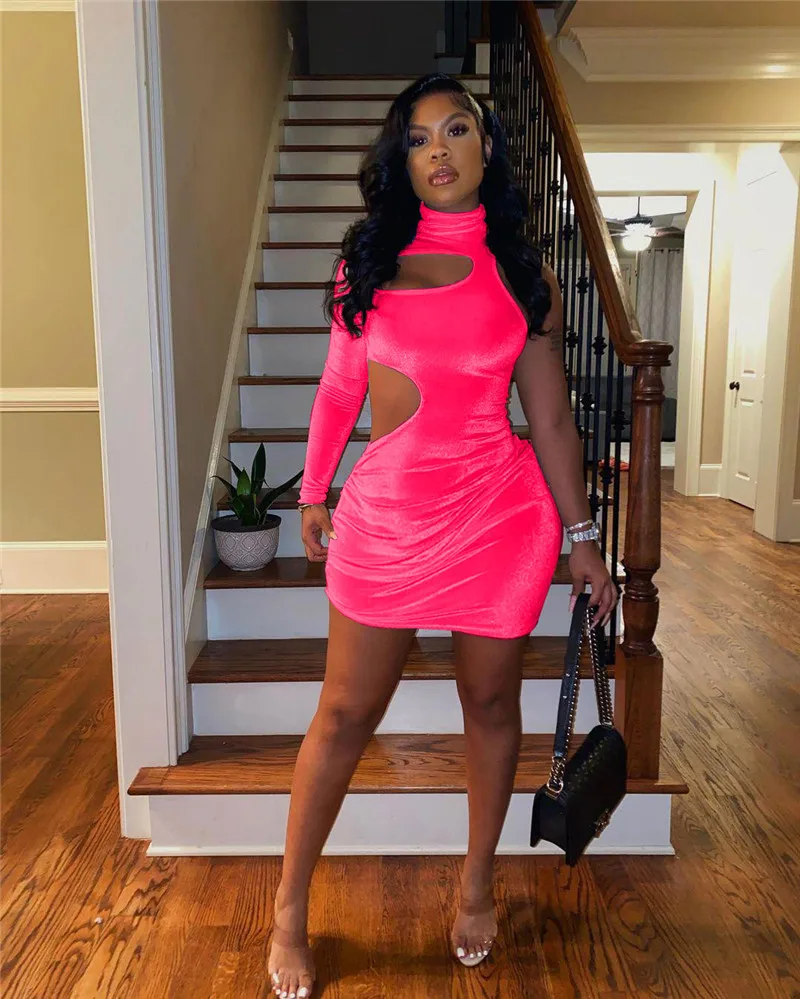 

Women One Shoulder Hollow Out Dress 2021 Long Sleeve Ruched Mini Pencil Dress Elegant Party Night Vestidos Clubwear Dress