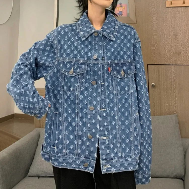 

2021 Autumn New Loose Hole Top Long-sleeved Women's Denim Sequoia Coat Cn(origin) Hollow Out Long Sleeve Open Stitch Ordinary