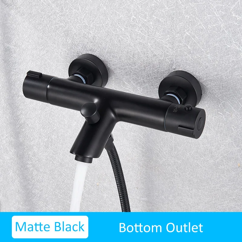 Black Bottom Outlet Quyanre Термостатические Смесители для душа, набор для ванной, термостатический смеситель, смеситель для горячей и холодной ванной комнаты, смесительный клапан, смеситель для ванны - Цвет: Black Bottom Outlet