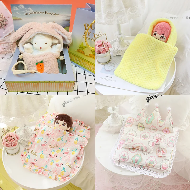 Plush Bag Bedding Can Hold 20cm Idol Doll/17cm Lamb Doll Takeaway Bags Quilt Pillow Set Small Nest Toys Dollhouse Accessories