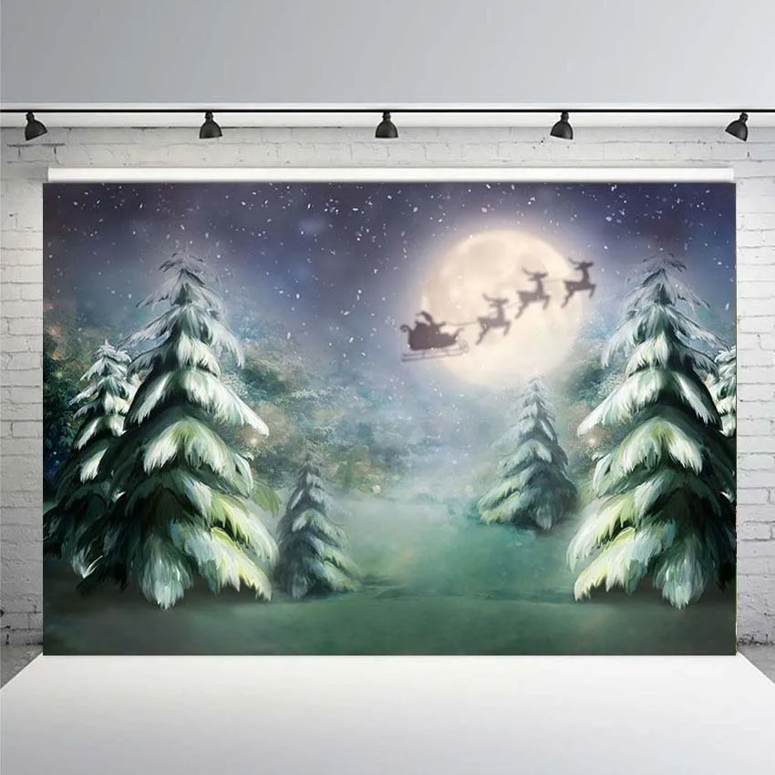 Рождественская фоновая фотография Рождество дерево Луна сани Санта Клауса на