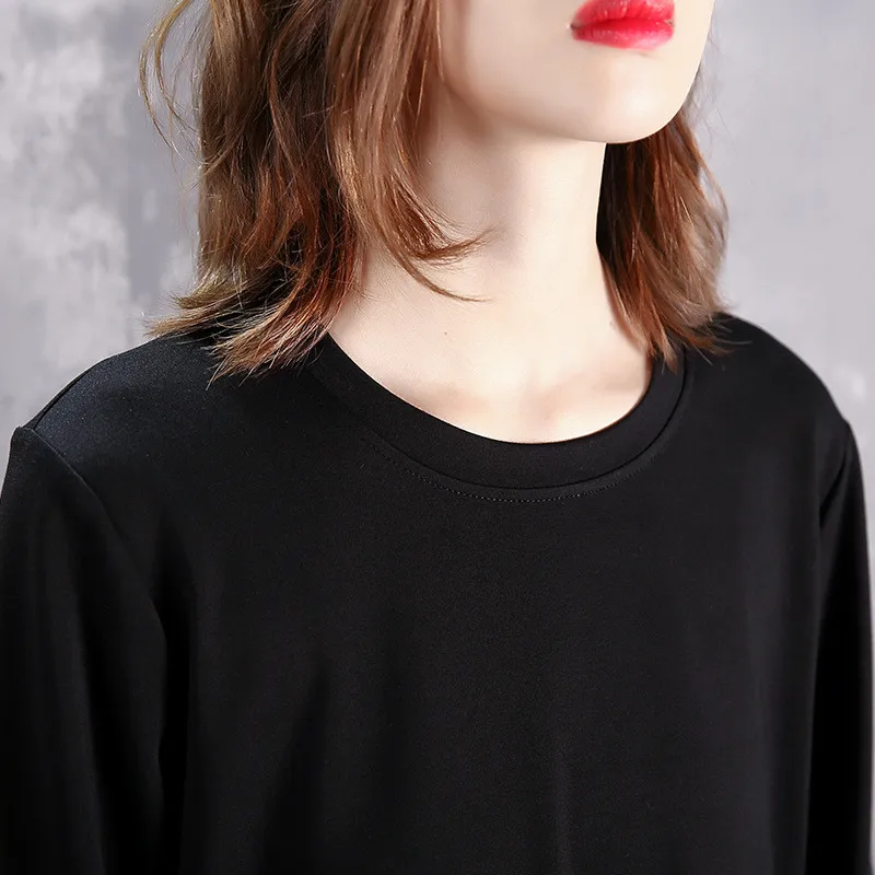 

vintage A word Black Dress 2020 new Spring Autumn Women's Large Size Long-sleeved irregular Stitching Ruffled Pleated Dress M145