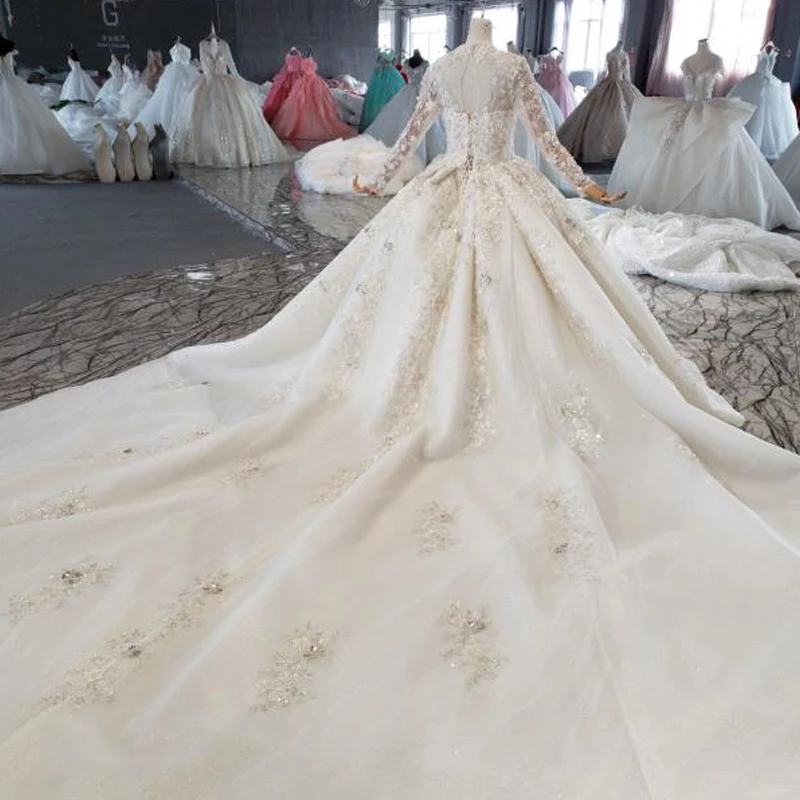 HTL1042 Bridal Vintage Wedding Dresses 2020 Long Train High Neck Long Sleeve Boho Ball Gown Appliques