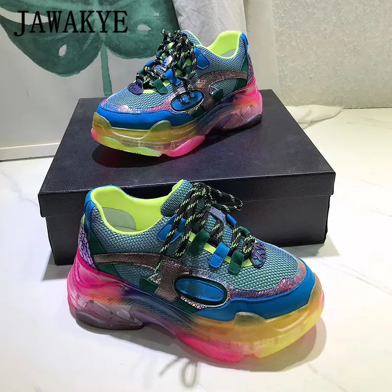 Разноцветные прозрачные кроссовки на толстой подошве Женская дышащая обувь