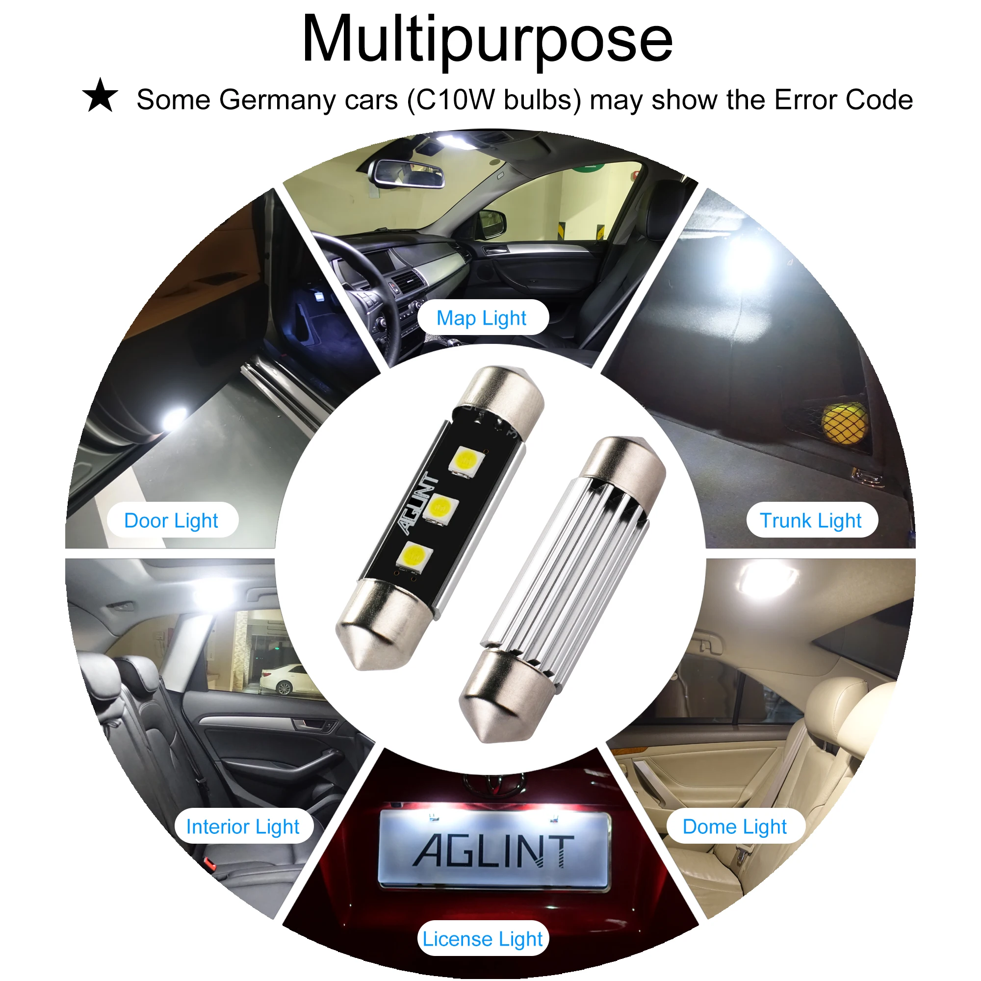 

AGLINT 2X 39mm C5W Festoon LED Interior Lighting 3SMD CANBUS Error Free for Car Reading Trunk Map Doom License Plate White 12V