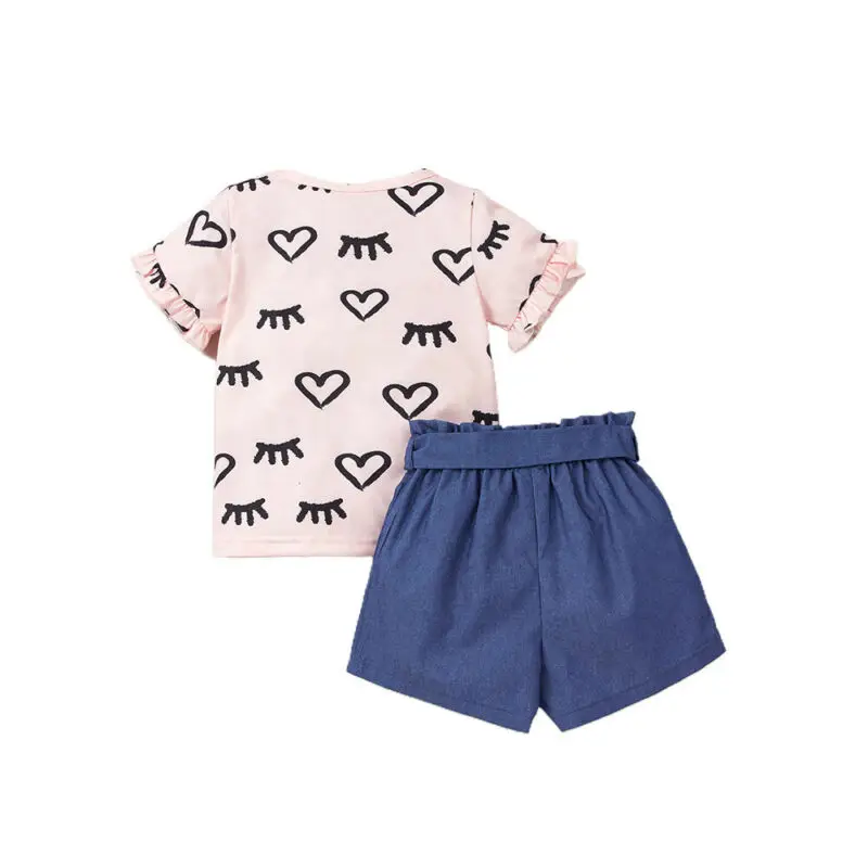 

Toddler Girls Short Sleeve Ruffle T-shirt Tee Tops Shorts with Belt Set Outfits