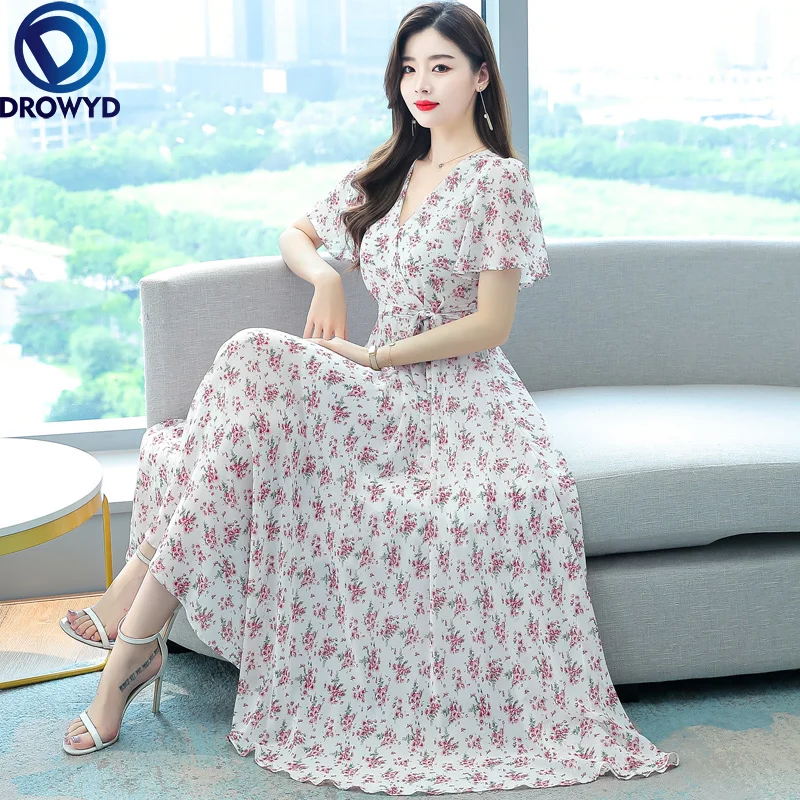 

Женское шифоновое платье макси в стиле бохо, элегантное пляжное длинное платье с коротким рукавом и V-образным вырезом, праздничное платье с...