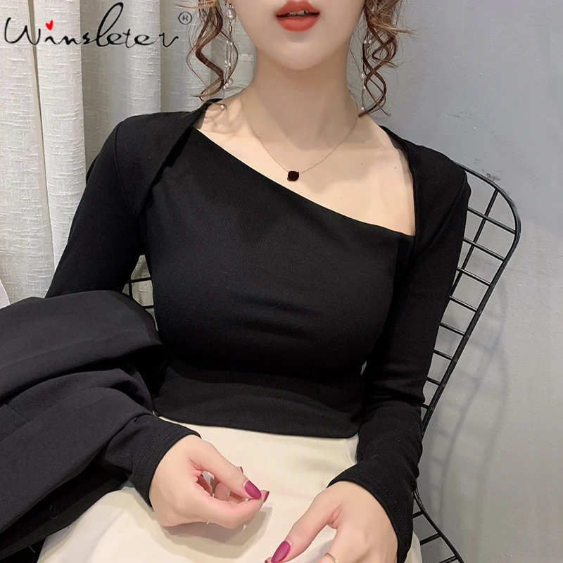 

Cotton Bottoming Tshirt Women Skew Collar Long Sleeve Spring Female Tee Tops Korean Casual Fashion Solid Slim T Shirts T04120B