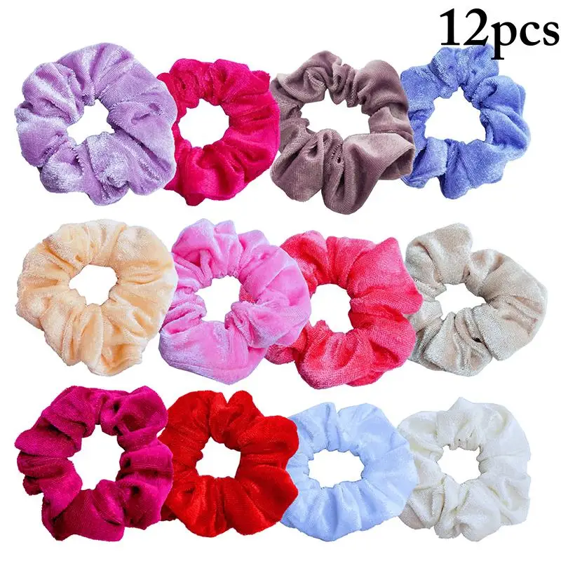 

12Pcs/Set Fashion Hair Ropes Women Girls Velvet Scrunchie Vintage Solid Color Ponytail Holder Velvet Hair Tie Hair Accessories