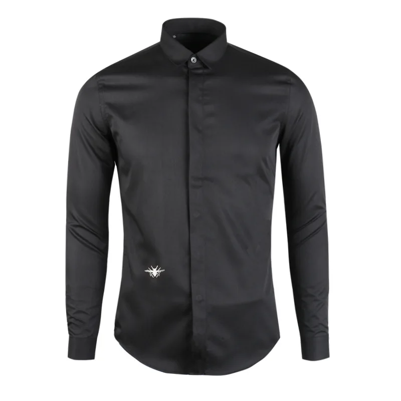 

Men's long sleeve shirt classic bee embroidery fashion slim and versatile black and white large men's shirt long sleeve