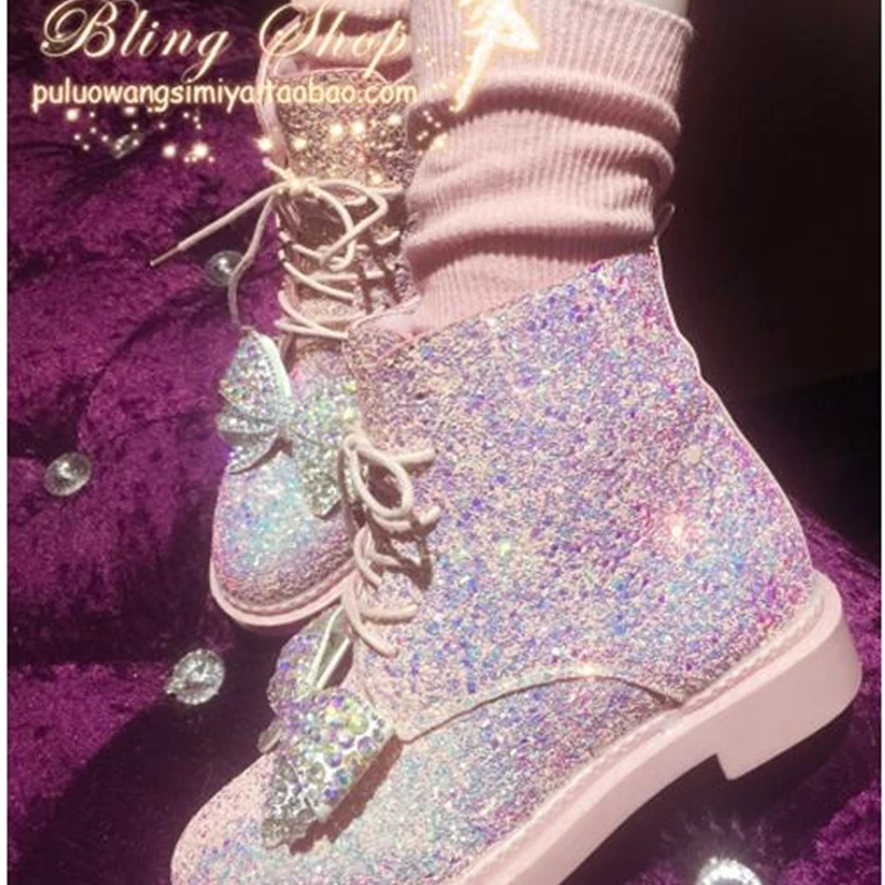 New sequins female Martin boots sweet ins rhinestones bow European station fashion women's ankle | Обувь