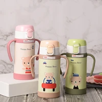 bear pattern 320ml vacuum flasks 304 stainless steel babys straw thermos water bottle portable handle thermals cups for kids