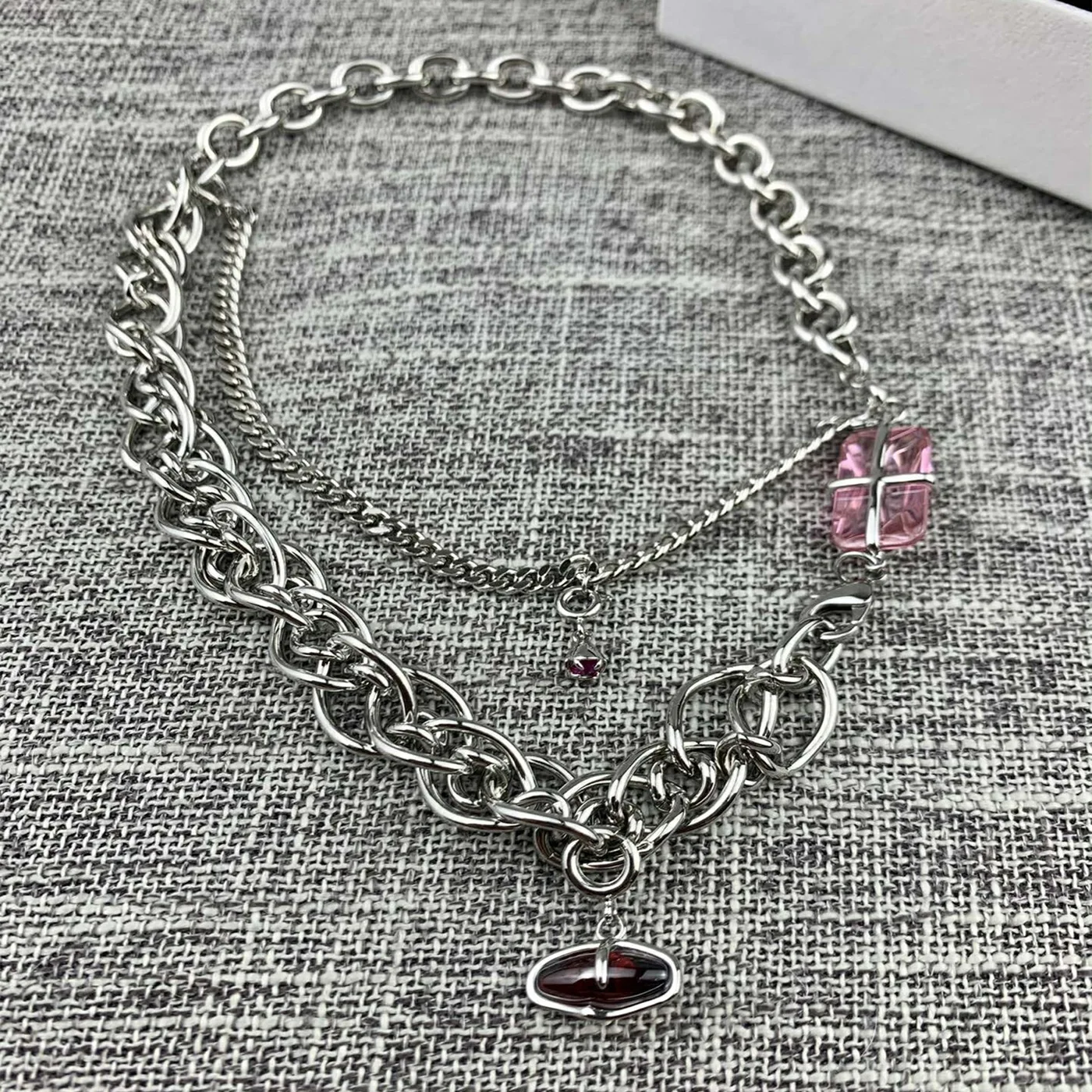 

Trendy pink gemstone multi-layer peach blossom single-layer women's clavicle chain