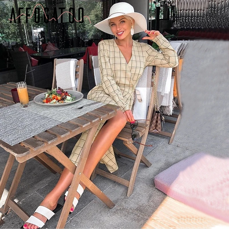 Женское длинное платье в клетку с V образным вырезом и длинным рукавом|Женские