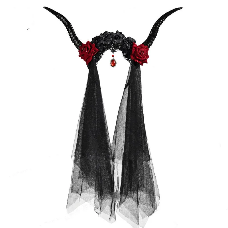 

Gothic steampunk retro antelope horn headband fancy veil crystal pendant devil horns Halloween party cosplay headdress