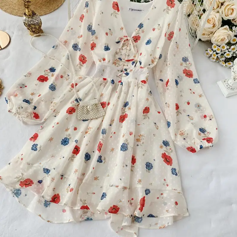 Женское шифоновое платье с рукавами-фонариками и оборками | Женская одежда