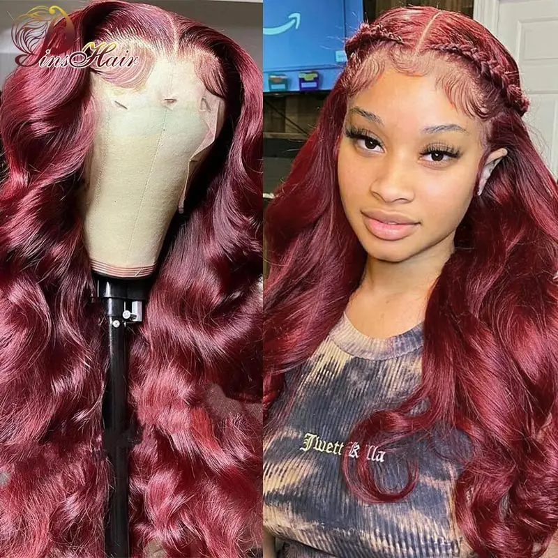 

Парик из натуральных волос 99J с цветными кружевами спереди, парик с волнистыми волосами спереди для женщин, парик из человеческих волос, бра...