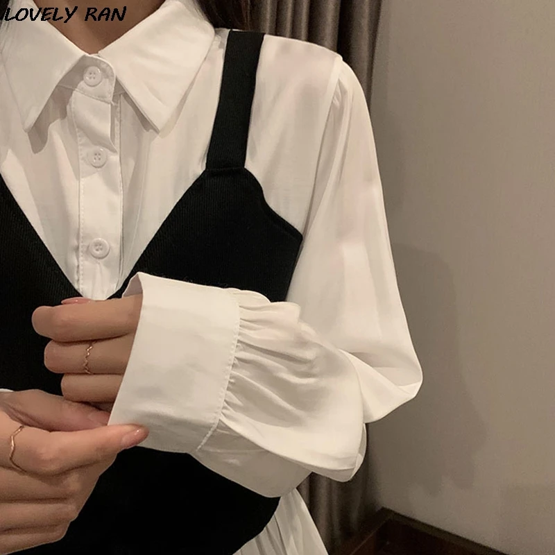 

Patchwork 2 Piece Women's Shirt Knitted Waistcoat Long Sleeve Female Shirts 2021 Spring Summer Korean Fashion Casual Ladies Top
