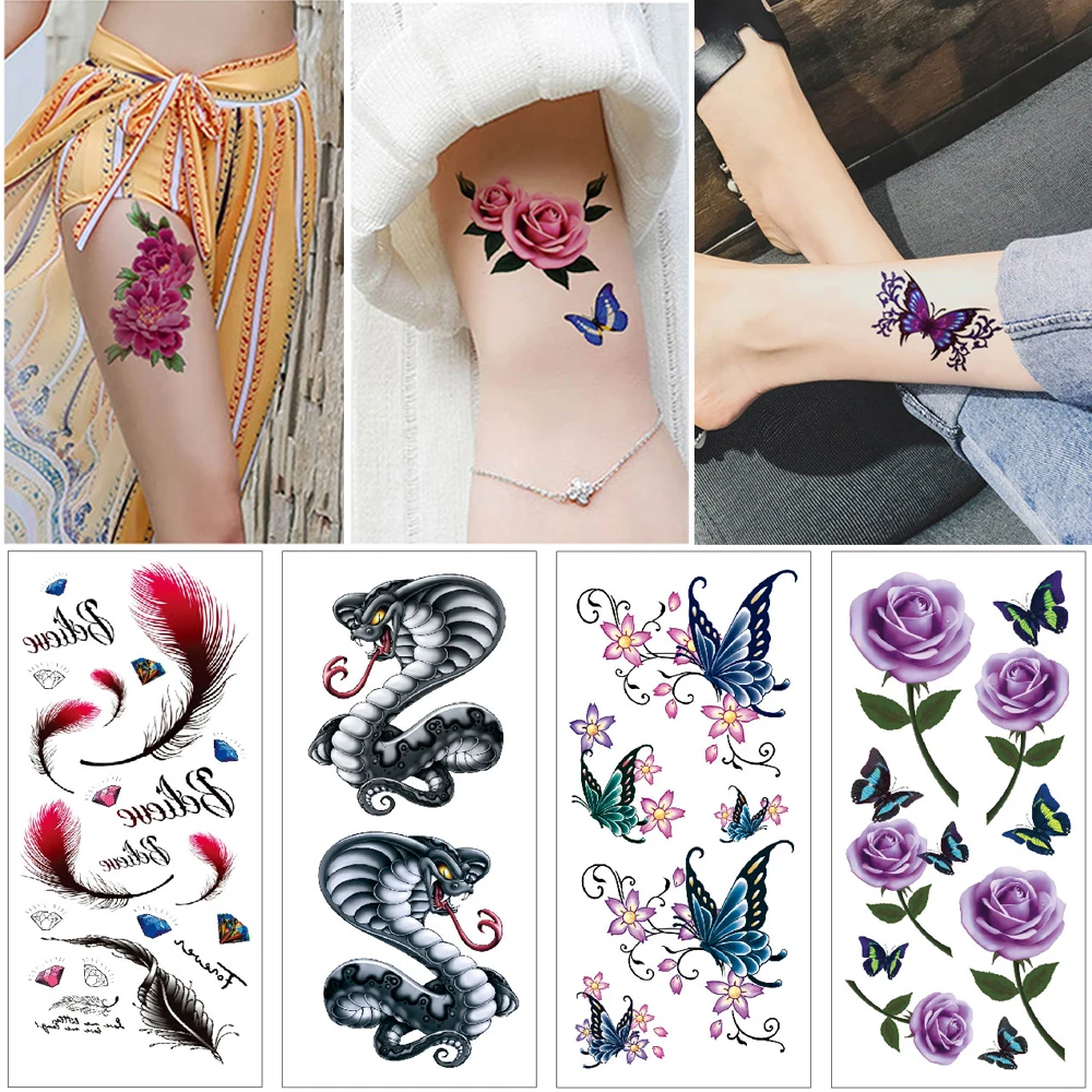 Временные татуировки наклейки цветок бабочка Пион Роза акварельные буквы паук
