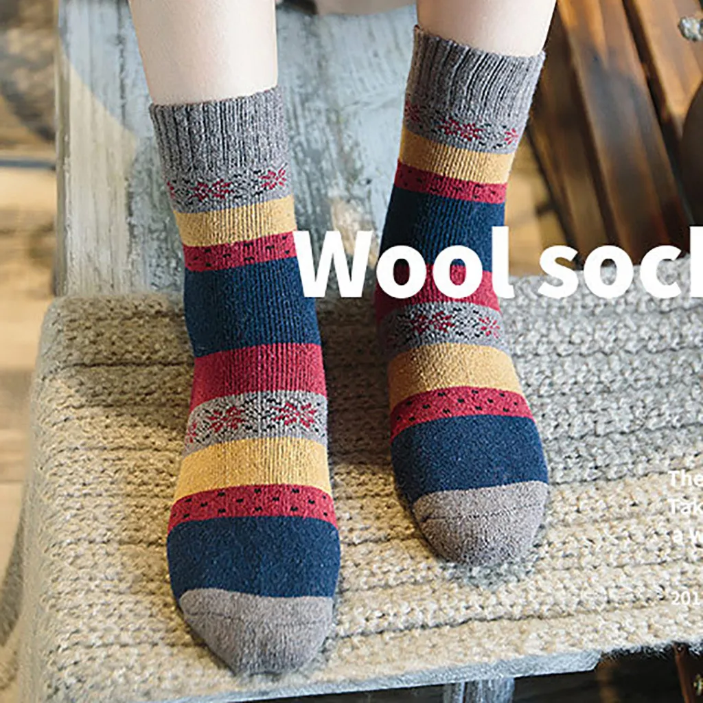 5-pairs women socks cotton long New Winter Rainbow Stripe Mid Tube thermal Retro happy Warm sokken dames#y3 | Женская одежда