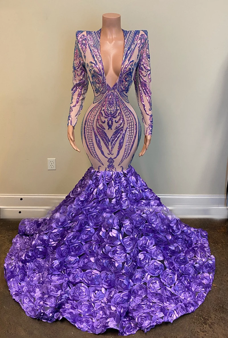 

prom dresses 2021 deep v neck lace appliques mermaid hand made flowers long sleeve purple sparkly evening gowns