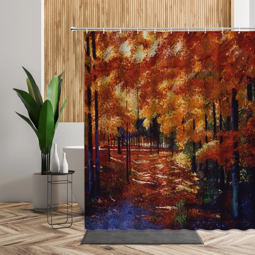 

Autumn Forest Shower Tree Fallen Leaves Natural Landscape Bath Curtains Decoration Modern Scenery Waterproof Home Bathroom Decor