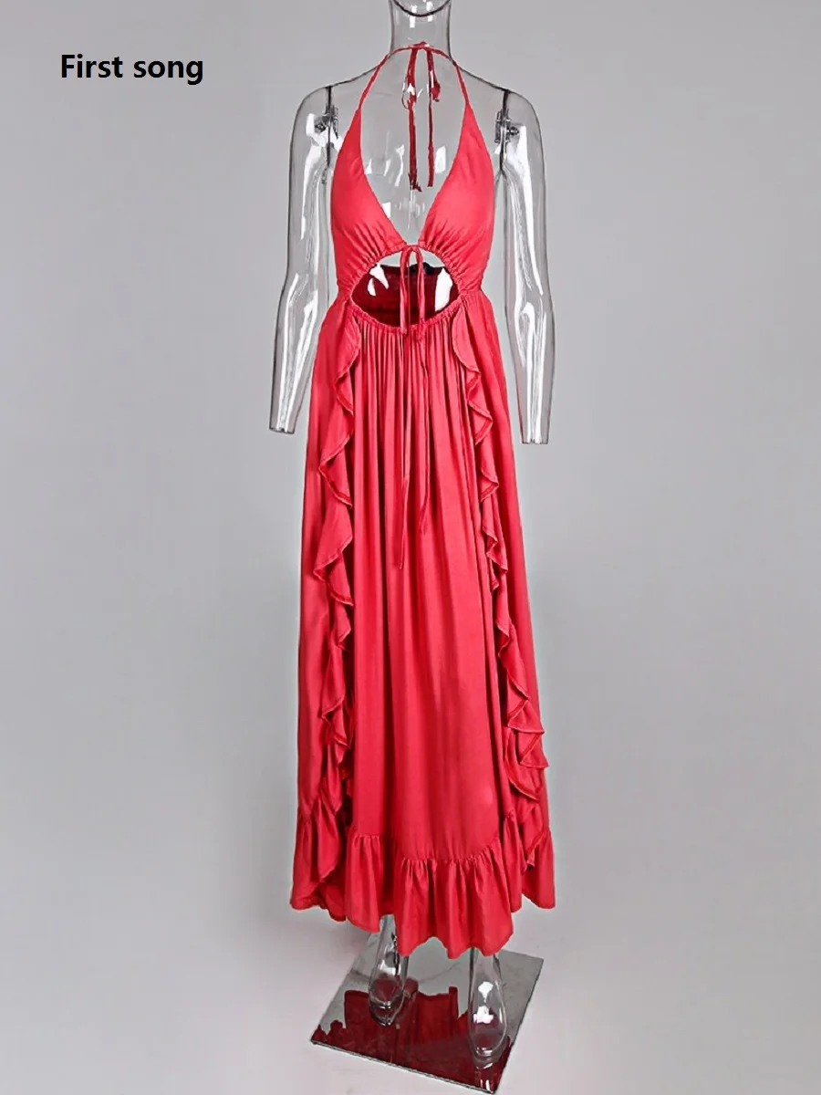 

First song summer wommer print strap sexy dress 2019New women's knit dress backless tight elegant women's long dress dress XL