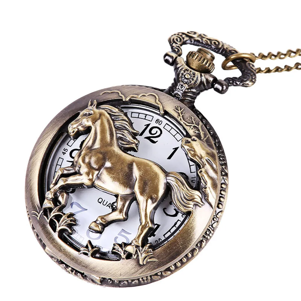 

Pocket Watch Vintage Chain Style Retro Galloping horse hollow design The Greatest Pocket Watches Necklace For Grandpa Dad Gifts