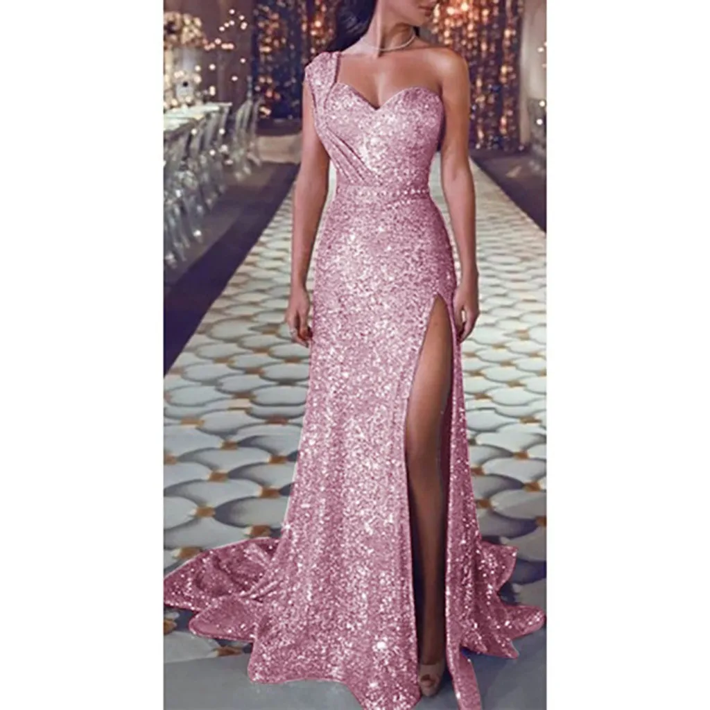 

Sexy Bronzing Floor Maxi Dress Women Sequin Prom Party Ball Gown Single Spaghetti Strap Evening Bridesmaid V Neck Long Dress