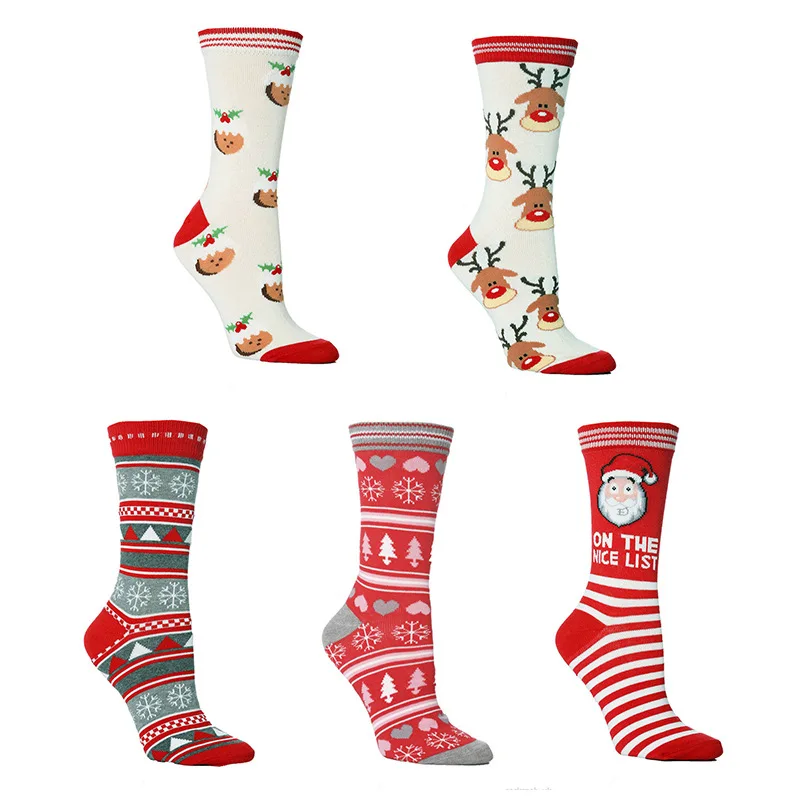 

Hot Sale Winter Stockings New Cotton Stockings Floral Pattern Christmas Women Socks Elk Print Breathable Mid-Calf Length Socks