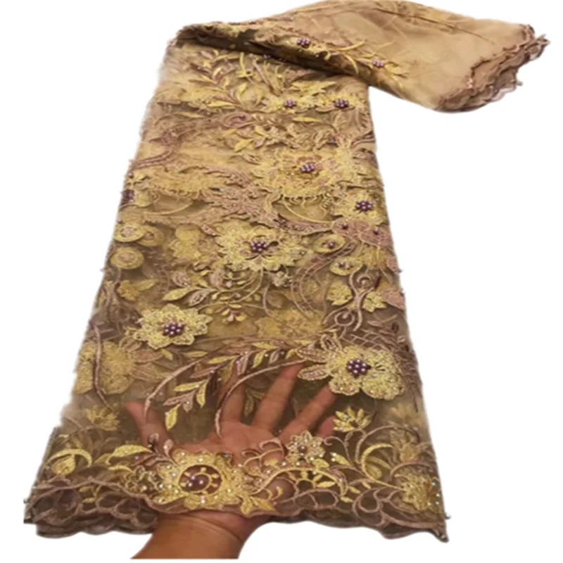 

2021 High Quality African Lace Fabric gold French Net Lace Tulle Mesh Fabrics Lace beads Wedding Fabrics FJL103