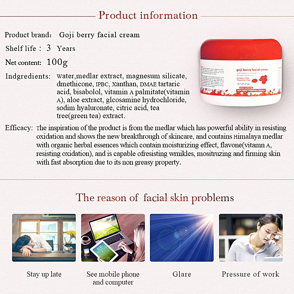 

Goji Berry Face Cream Anti Wrinkle Cream Moisturizing Anti Aging Cream Skin Lifting Night Day Whitening Face Serum Skin Care