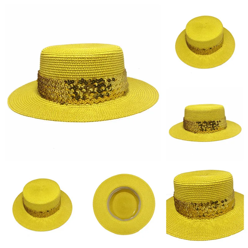

Women Yellow sequins Sun Hat Women Straw Sun Classic Beach Hat Wide Brim Panama Men UV Protection Cap chapeau femme 2021