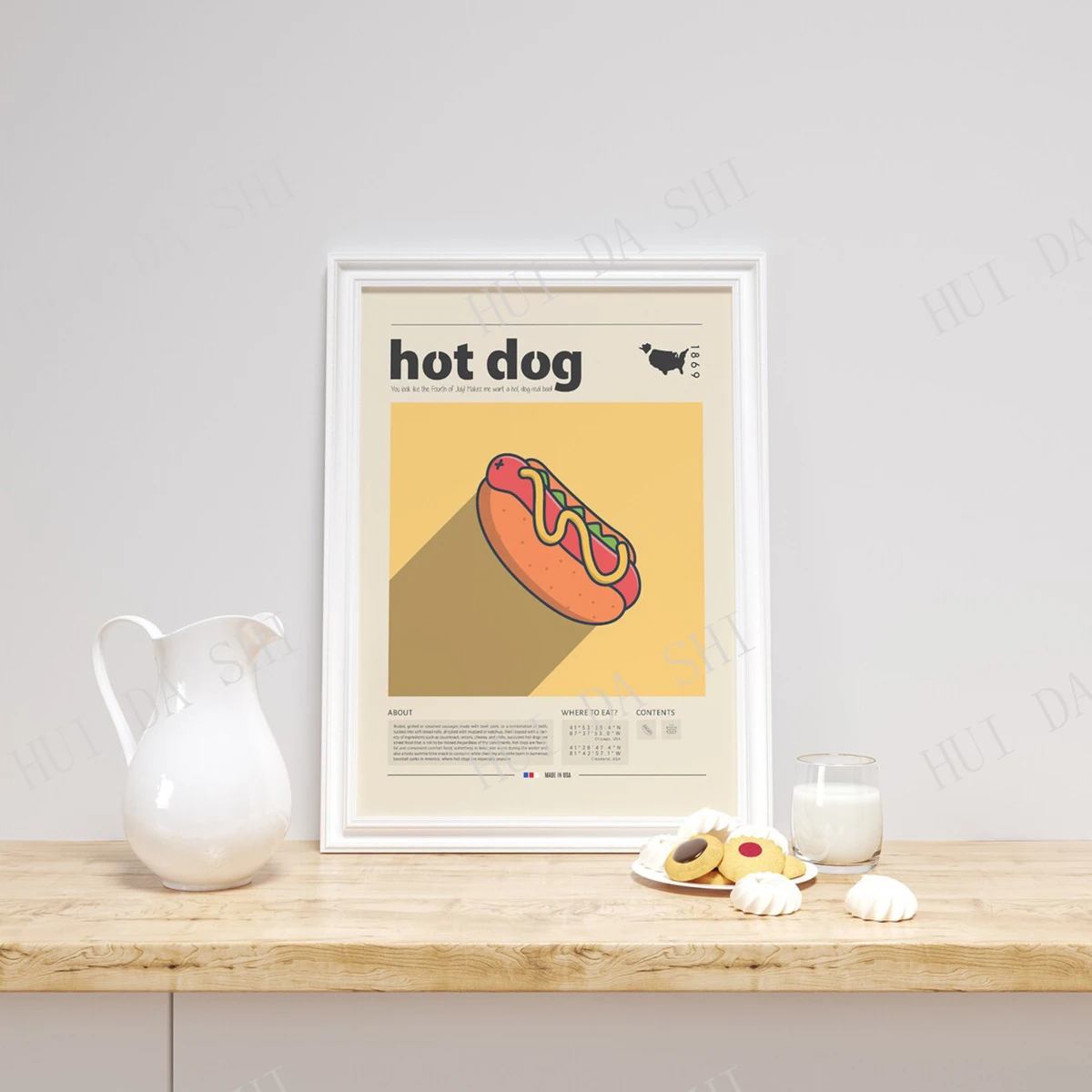 

Плакат хот-дог, плакат американской еды, Ретро плакат, подарок на новоселье, кухонный декор, плакат среднего века, минималистичный принт