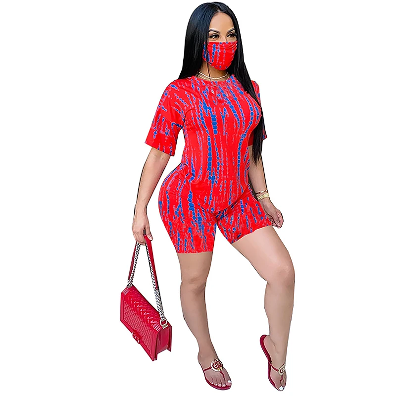 

2021 summer European and American Women's tracksuit new casual fashion sports shorts suit mask top three-piece set Women's suit