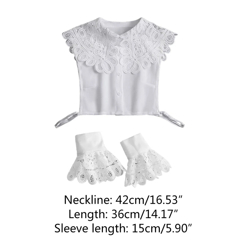 

Women 2Pcs Hollow Lace Large Lapel False Collar with Fake Sleeves Wristband Set K3NF