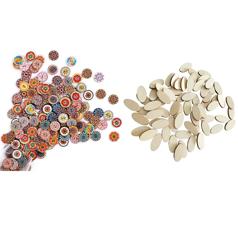 

100 шт., деревянные пуговицы с цветочным рисунком, 2 отверстия, искусственные деревянные овальные ломтики 200 шт., необработанные деревянные ло...