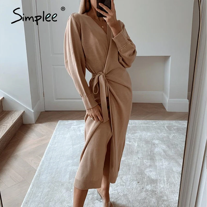 Simplee Casual V-neck knitted dress Women's 4-color Home style fashion Autumn winter new straight tube 2020 | Женская одежда