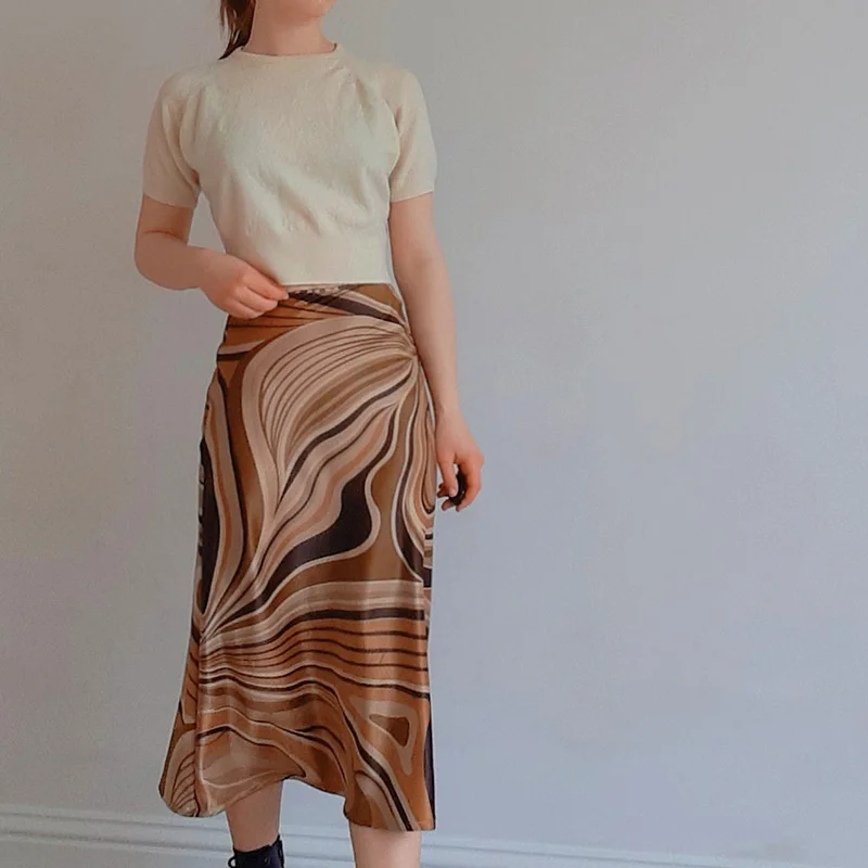 

Women's 2021 summer high waist mid skirt irregular stripe printed satin skirt