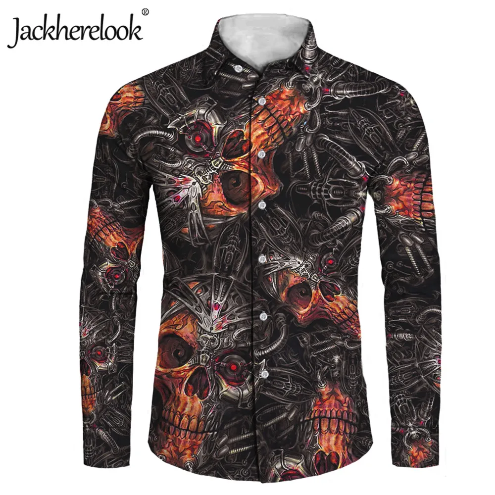 

Jackherelook Mechanical Skull Brand Design Men Shirt Hawaiian Tops Shirts Spring Long Sleeve Gothic Clothing Camisas Hombre 2021